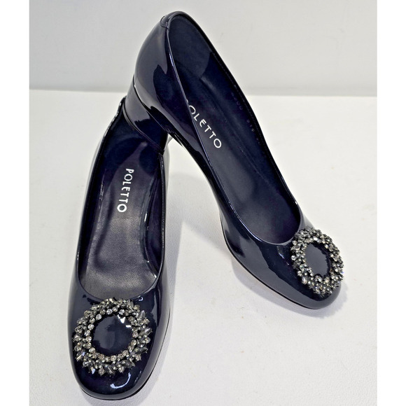Poletto Charcoal Gray Patent Leather Heels Pumps Rhinestone Medallion Size 36 - Picture 2 of 12